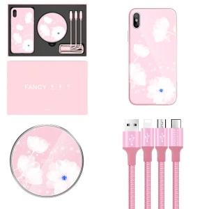 Kit incarcator auto - Nillkin Fancy Gift Set - Cablu de date 3 in 1, Incarcator wireless, Husa tempered glass pentru iPhone X, Culoare Roz