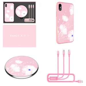 Kit incarcator auto - Nillkin Fancy Gift Set - Cablu de date 3 in 1, Incarcator wireless, Husa tempered glass pentru iPhone X, Culoare Roz