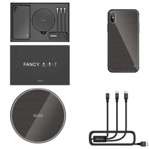 Kit incarcator auto - Nillkin Fancy Gift Set - Cablu de date 3 in 1, Incarcator wireless, Husa tempered glass pentru iPhone XR, Culoare Negru