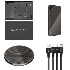 Kit incarcator auto - Nillkin Fancy Gift Set - Cablu de date 3 in 1, Incarcator wireless, Husa tempered glass pentru iPhone XS MAX  Culoare Negru