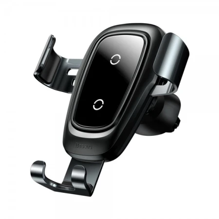 Suport de telefon 2in1, Baseus, Incarcare Wireless, Fixare in grila, Ventilatie, Negru