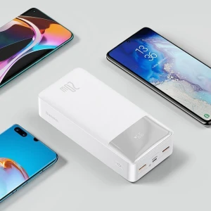 Baterie externa, Baseus, 30000mAh, 20W, Quick Charge, USB-C/USB-A, Afisaj LED, Alb