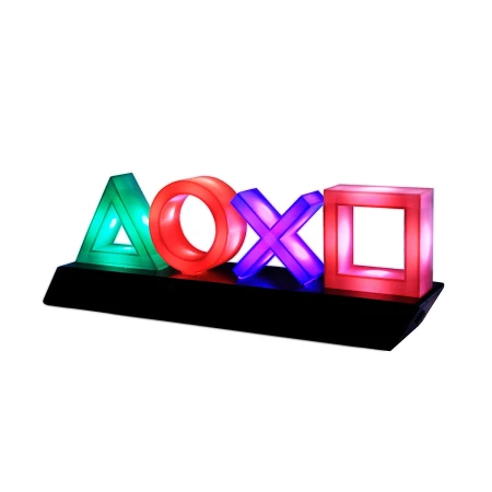 Lampa decorativa Paladone, model PlayStation, noptiera, birou sau gaming, semn luminos LED, multicolor, forma logo 3D, licenta oficiala Sony