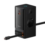 Incarcator retea Baseus PowerCombo Digital PowerStrip, 2 prize AC, 1x USB-C, 1x USB-A, cablu retractabil USB-C, 65W, lungime cablu 1.5m, Negru