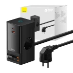 Incarcator retea Baseus PowerCombo Digital PowerStrip, 2 prize AC, 1x USB-C, 1x USB-A, cablu retractabil USB-C, 65W, lungime cablu 1.5m, Negru