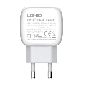 Incarcator de retea LDNIO A2313C, USB si USB-C, PD si QC 3.0, 20W, Alb