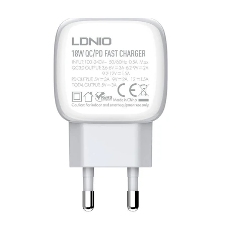 Incarcator de retea LDNIO A2313C, USB si USB-C, PD si QC 3.0, 20W, Alb