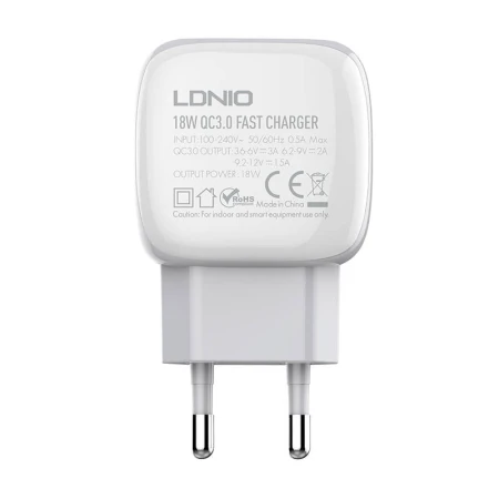 Incarcator de perete, LDNIO, A1306Q, 18W + Cablu USB-C, Alb