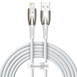 Cablu de Date USB la Lightning, Baseus Glimmer, 480 Mbps, Fast Charge, Mesh Nylon, 1m, Alb