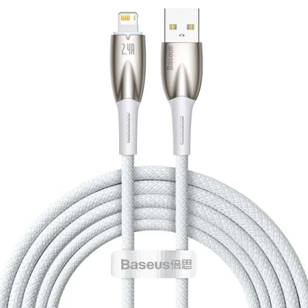 Cablu de Date USB la Lightning, Baseus Glimmer, 480 Mbps, Fast Charge, Mesh Nylon, 1m, Alb