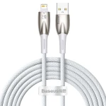 Cablu de Date USB la Lightning, Baseus Glimmer, 480 Mbps, Fast Charge, Mesh Nylon, 1m, Alb