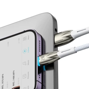 Cablu de Date USB la Lightning, Baseus Glimmer, 480 Mbps, Fast Charge, Mesh Nylon, 1m, Alb