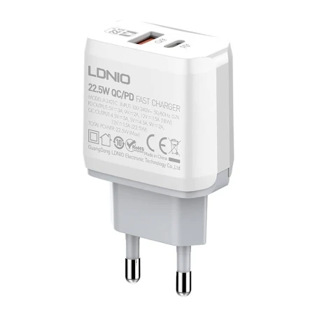 Incarcator USB, LDNIO, 22.5 W, USB si USB-C, Alb