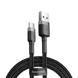 Cablu USB la Type-C, Fast Charging, 3A, 1m, R80, Aluminiu, Nailon, TPE, Baseus Cafule CATKLF EG1, Gri/Negru