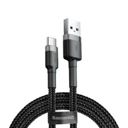 Cablu USB la Type-C, Fast Charging, 3A, 1m, R80, Aluminiu, Nailon, TPE, Baseus Cafule CATKLF EG1, Gri/Negru