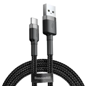 Cablu de incarcare si transfer date, mufe USB A la USB Type-C, Cafule, 2A, 2m lungime, textil, Negru-Gri