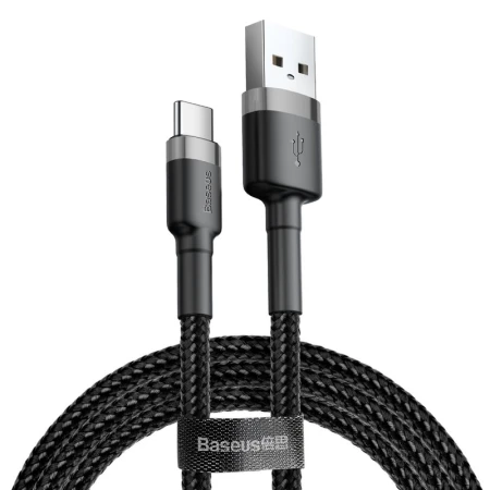 Cablu de incarcare si transfer date, mufe USB A la USB Type-C, Cafule, 2A, 2m lungime, textil, Negru-Gri