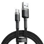 Cablu de incarcare si transfer date, mufe USB A la USB Type-C, Cafule, 2A, 2m lungime, textil, Negru-Gri