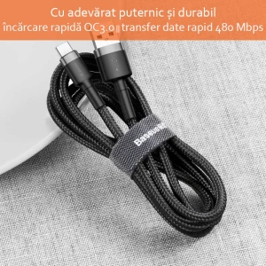 Cablu de incarcare si transfer date, mufe USB A la USB Type-C, Cafule, 2A, 2m lungime, textil, Negru-Gri