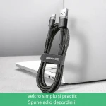Cablu de incarcare si transfer date, mufe USB A la USB Type-C, Cafule, 2A, 2m lungime, textil, Negru-Gri