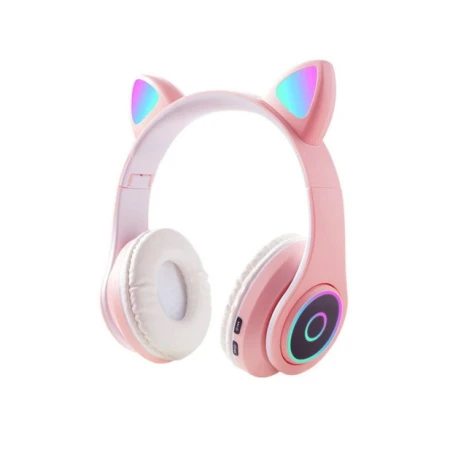 Casti audio over-ear B39, Microfon, Bluetooth, AUX, microSD, Bass, Model Urechi Pisica cu Lumini LED