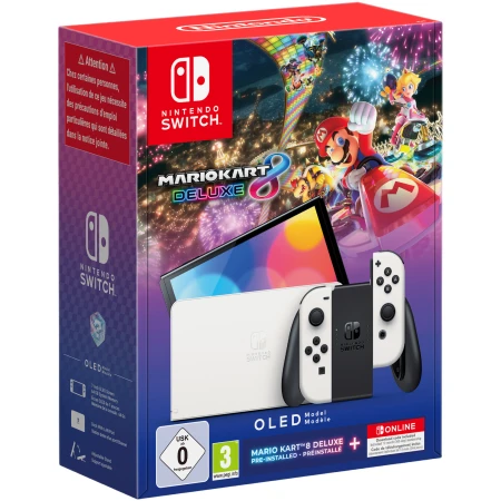 Consola Nintendo Switch OLED (White) + joc Mario Kart 8 + abonament 12 luni Nintendo Switch Online