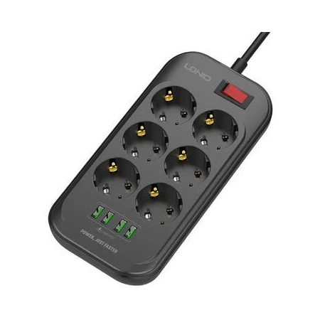 Prelungitor cu 6 prize, Ldnio, 4 x USB, Cablu 2m, Negru