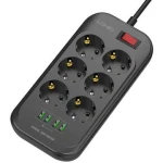 Prelungitor cu 6 prize, Ldnio, 4 x USB, Cablu 2m, Negru